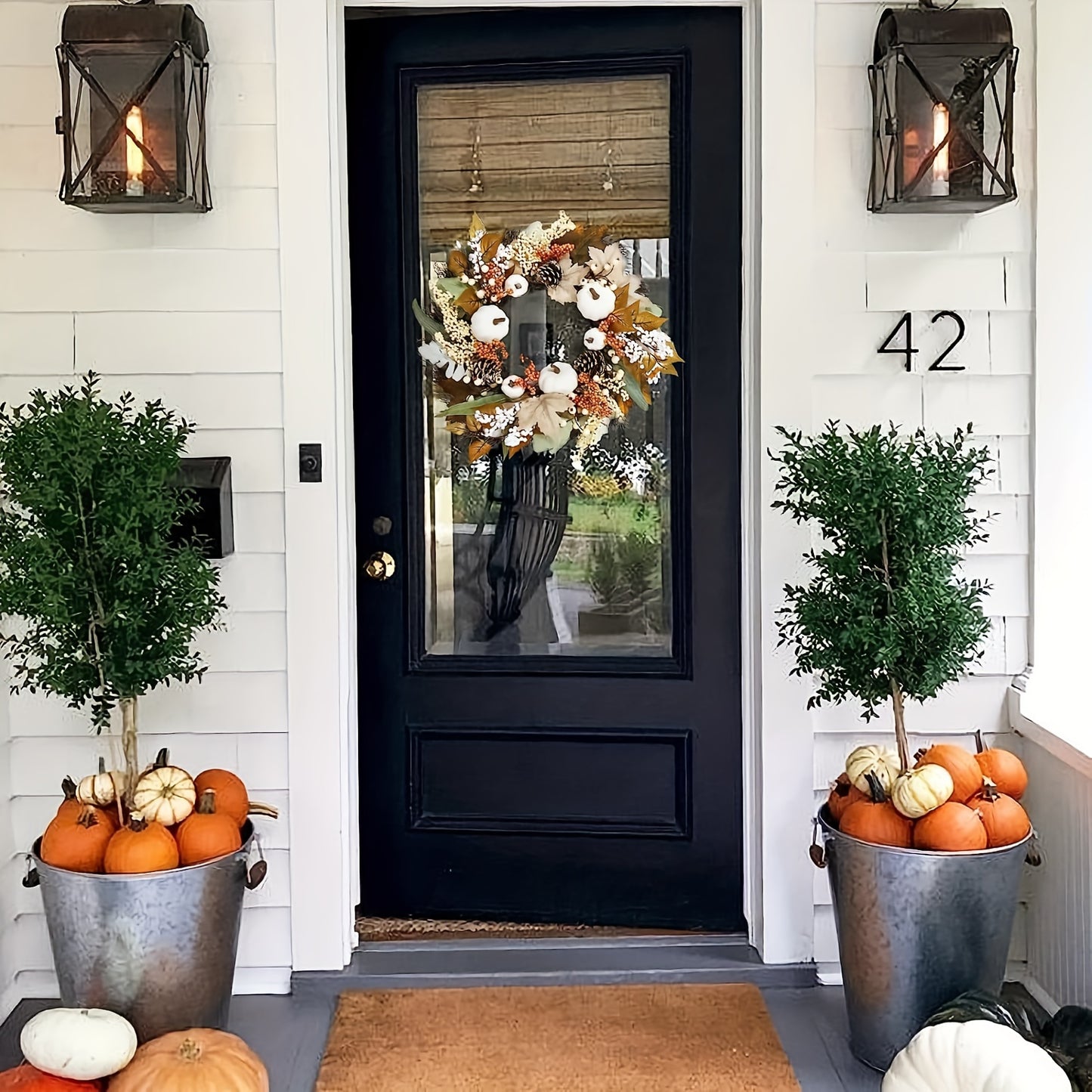 18 Inch Autumn Harvest Wreath with Pumpkins & Maple Leaves - Thanksgiving & Halloween Décor