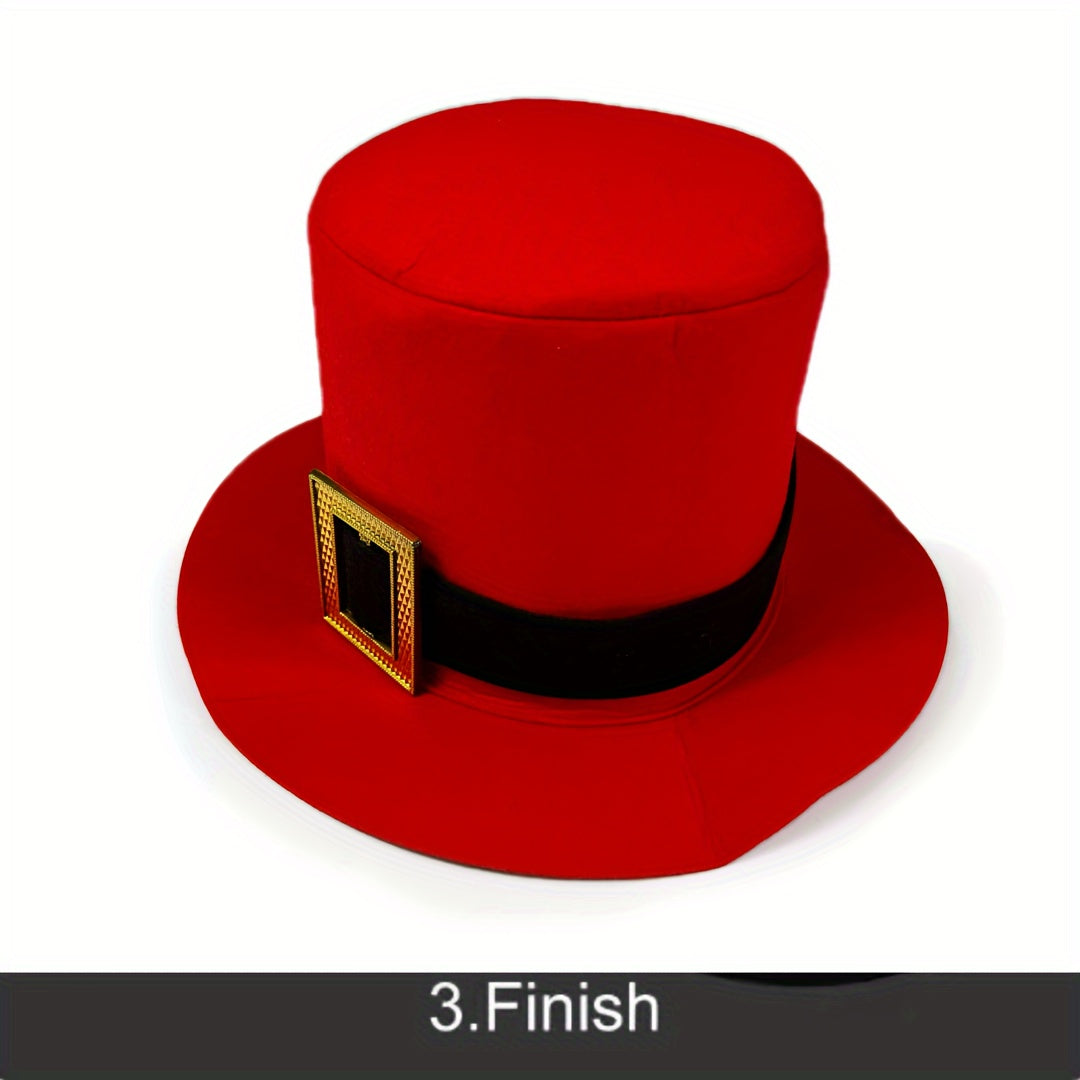 Festive Red Felt Top Hat with Black Accent Band and Golden Buckle - Perfect for Christmas, Halloween, Easter, Valentine’s Day, and More