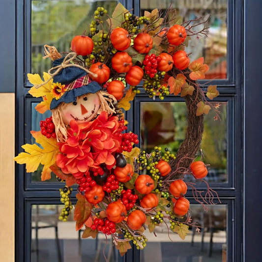 Classic Autumn Scarecrow Wreath with Mini Pumpkins & Berries - Thanksgiving & Halloween Décor