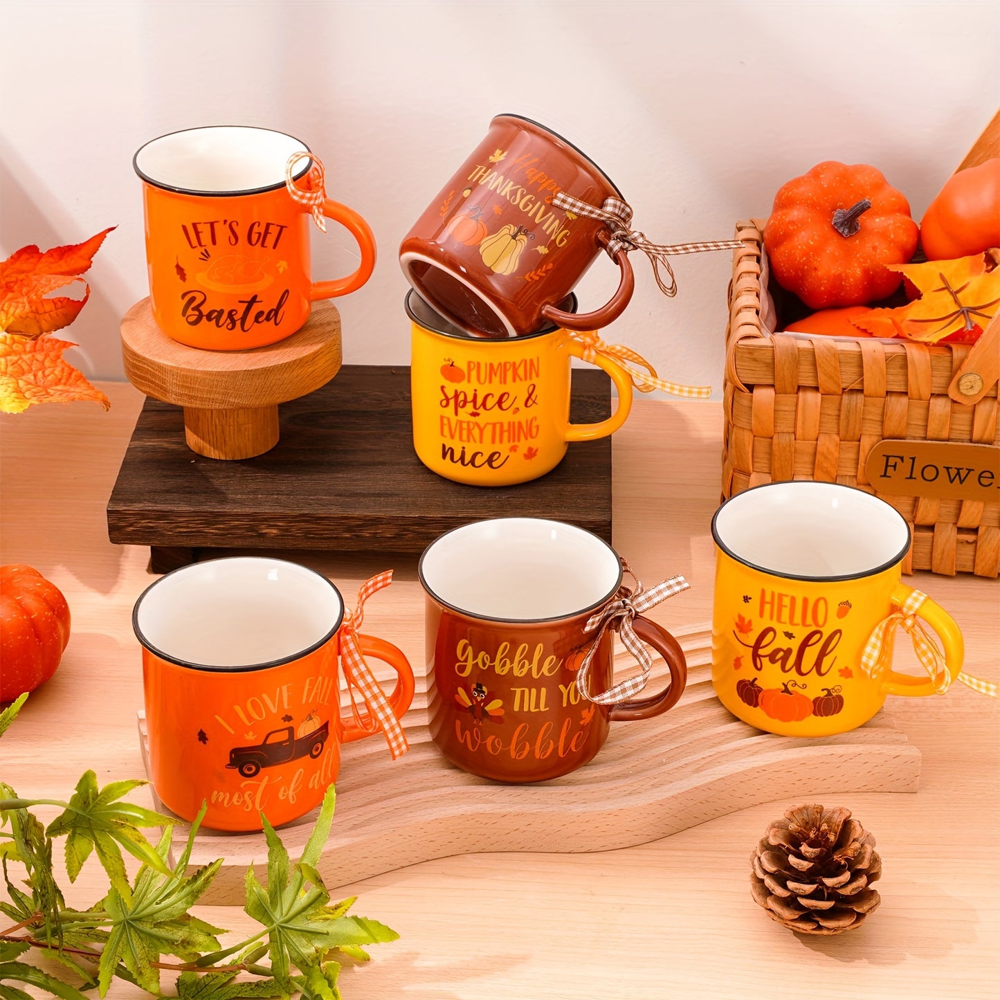 Autumn Harvest 6pcs Mini Coffee Mug Set – 8.5oz Reusable Ceramic Mugs with Pumpkin, Turkey & Maple Leaf Designs