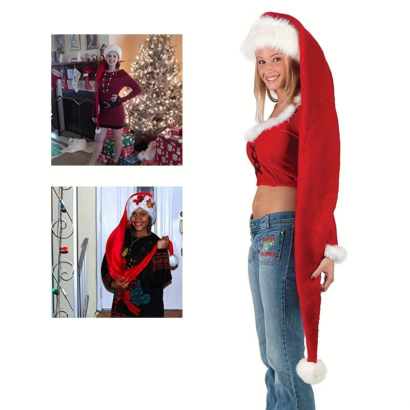 Extra-Long Plush Santa Hat for Adults - Red Velvety Christmas Cap with White Faux Fur Trim - Perfect Festive Holiday Accessory