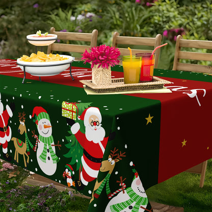 Christmas Cartoon Tablecloth - 100% Polyester Round Waterproof Table Cover with Santa, Snowman, and Christmas Tree Design, Ideal for Holiday Festivities