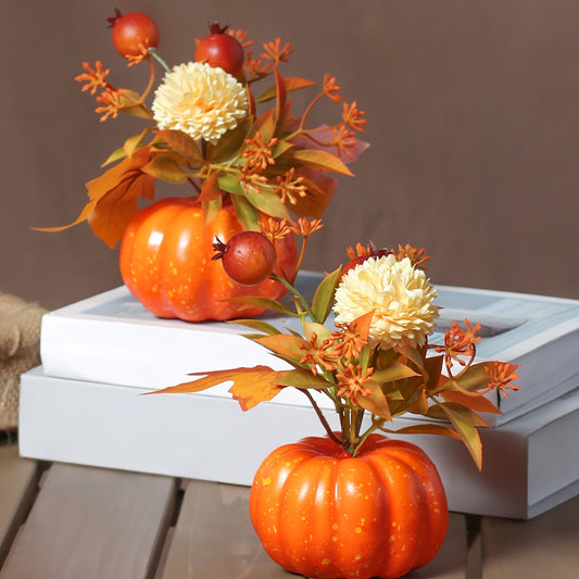 Fall Pumpkin Decoration with Maple Leaves & Berries – Artificial Potted Plant for Thanksgiving