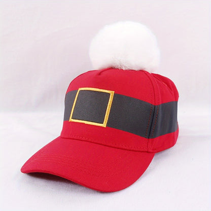 2PCS Santa Claus Christmas Party Belt Hat with Pom-Pom - Unisex Cotton Baseball Cap - Festive Holiday Fashion Accessory