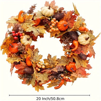 20'' Autumn Harvest Wreath with Pumpkins & Pine Cones - Thanksgiving & Halloween Décor