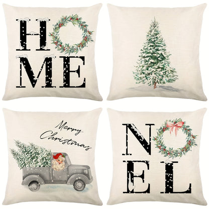 4-Piece Merry Christmas Polyester Throw Pillow Case Set – Christmas Tree and Decorative Cushion Covers for Living Room, Bedroom, and Sofa