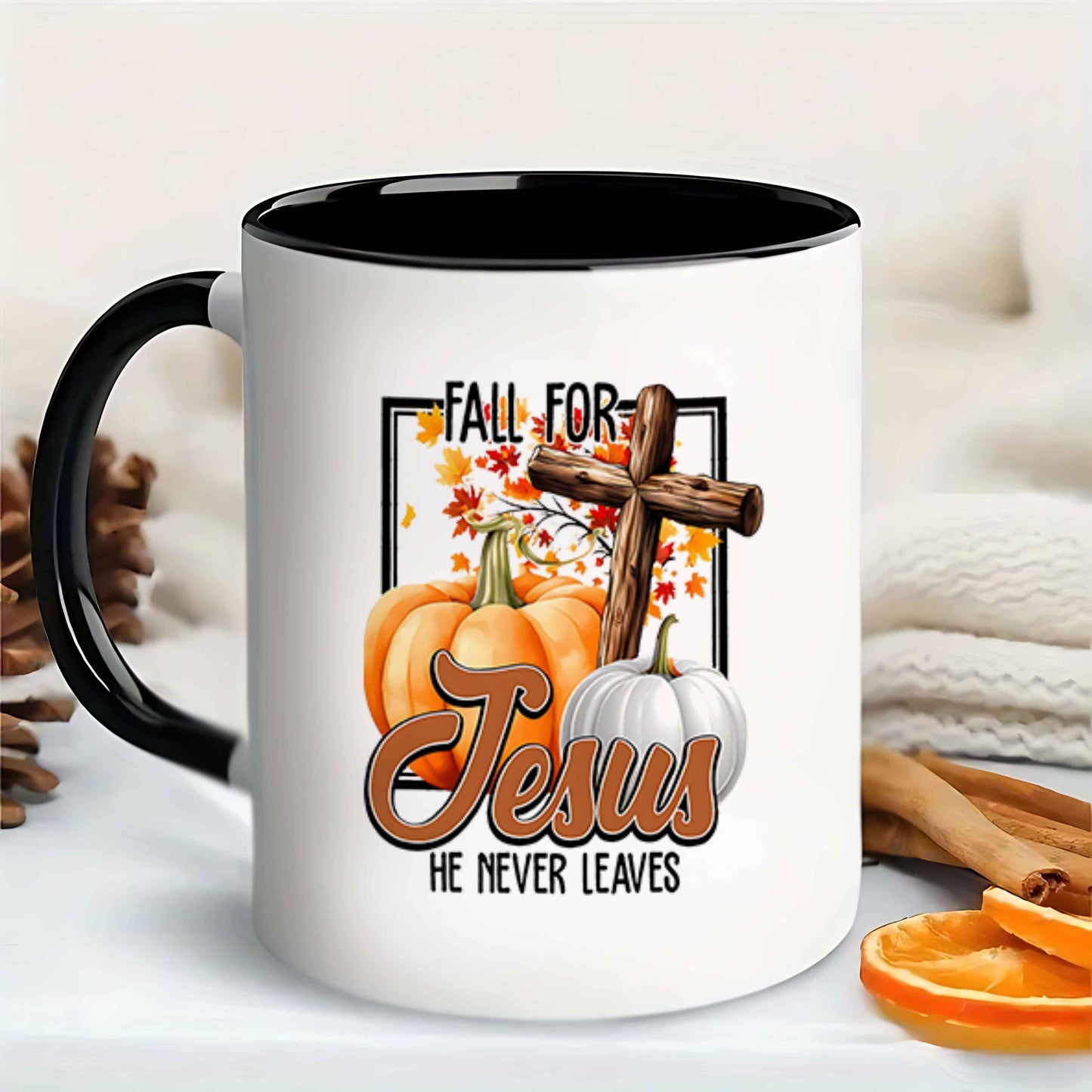 Funny Maple Leaf Pumpkin Cross Ceramic Mug – Fall For Jesus, He Never Leaves