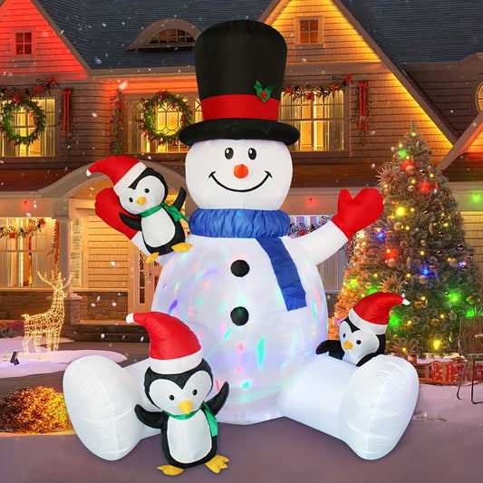 7ft Christmas Inflatable Snowman with 3 Penguins - Blow-Up Outdoor Decoration with Colorful Rotating Lights