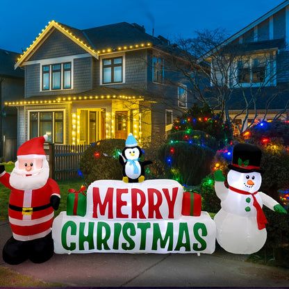 10ft Long Lighted Christmas Inflatable - Merry Christmas Sign with Santa, Snowman, and Penguin