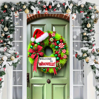 "Welcome to Whoville" Christmas Door Wreath - Festive Holiday Decoration for Home & Party Supplies