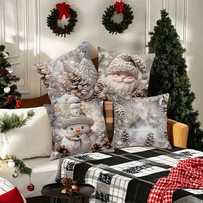 4-Piece Christmas Throw Pillow Covers Set – Santa, Snowman, Pine Cone Print for Festive Living Room & Office Decor