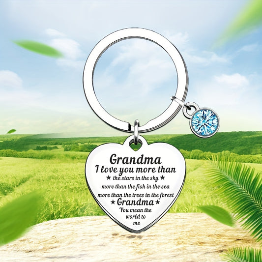 Personalized Heart-Shaped Keychain with Blue Rhinestone – Engraved "Grandma I Love You" Message – Sentimental Keepsake Gift for Grandma's Birthday or Family Celebrations