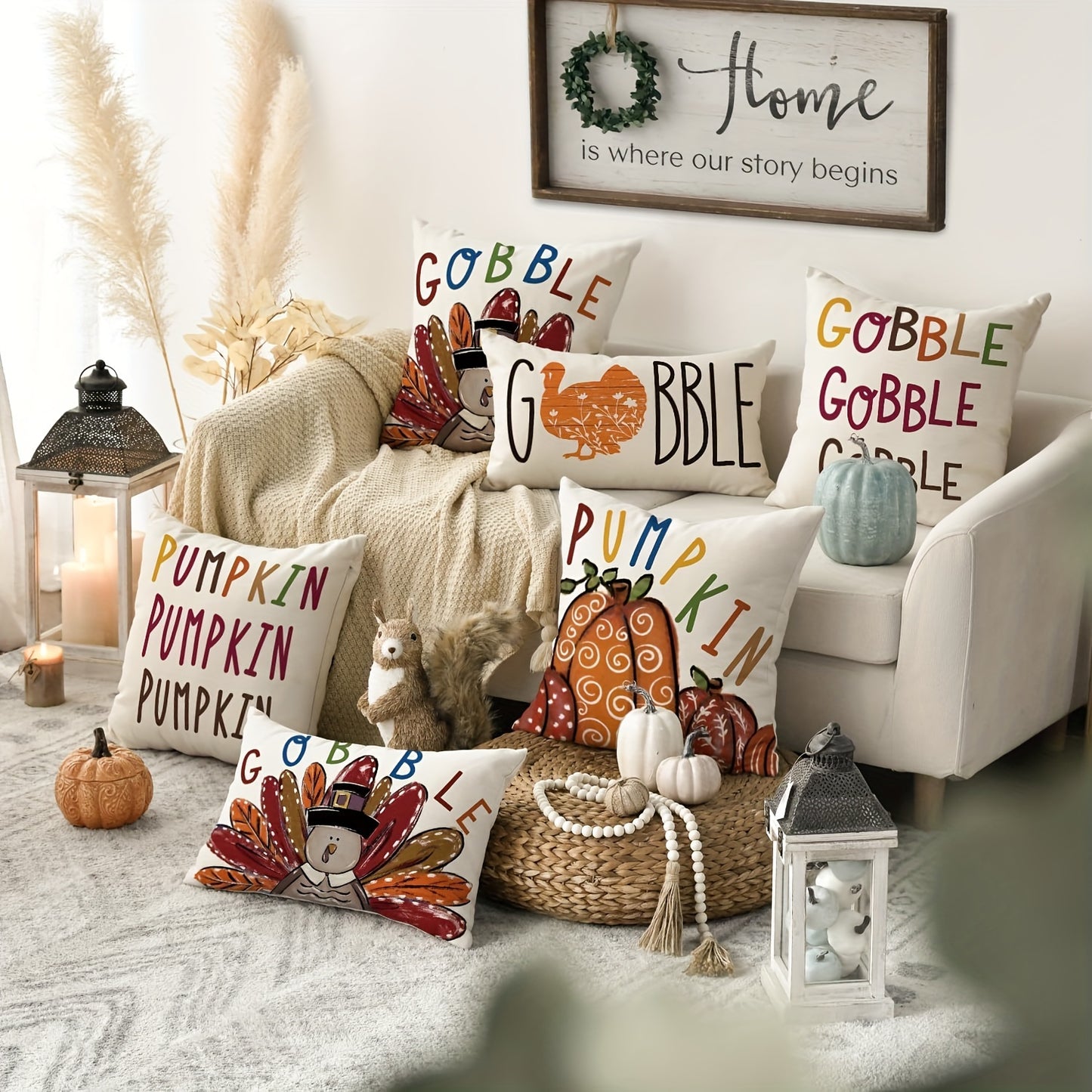 Contemporary Thanksgiving Pillow Covers Set – 4PCS with Turkey & Pumpkin Designs, Machine Washable (18x18”)