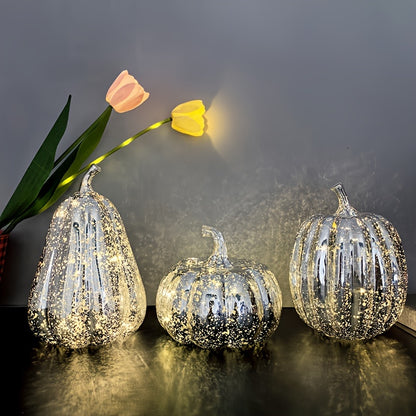 3-Piece Decorative Pumpkin Lights Set – Faux Glitter Pumpkins for Halloween, Thanksgiving, and Christmas Decor