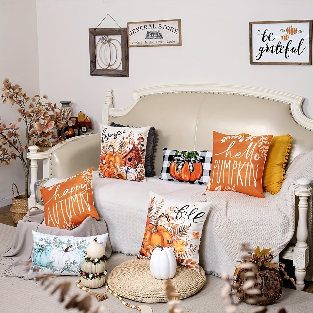 Autumn Charm 4PCS Throw Pillow Cover Set – "Hello Pumpkin" Design in Vibrant Orange, Perfect for Fall Decor