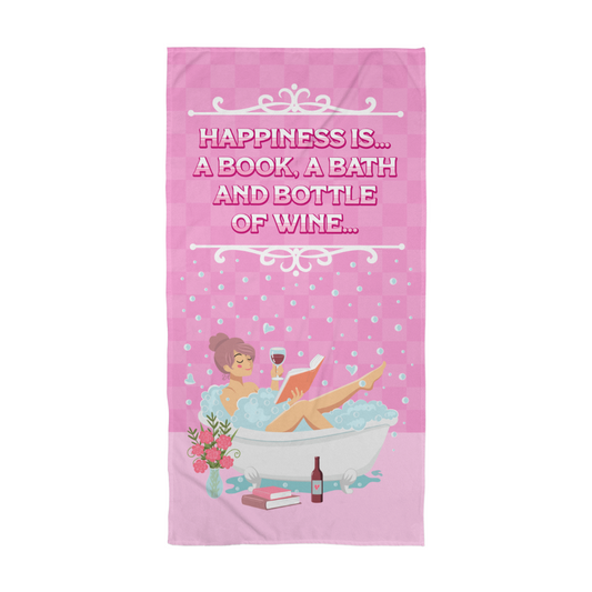 Pink bath towels towel with a woman reading a book and drinking wine in a bubbly bath illustration