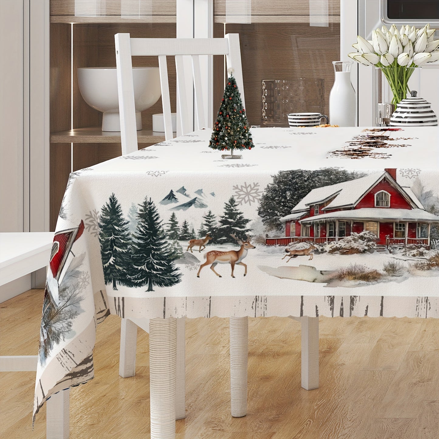 Christmas Cheer Tablecloth - Polyester Snowy Elk & Santa Design with Embossed Edge, Stain & Water Resistant for Holiday Dining, Parties, and Outdoor Picnics