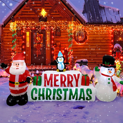 10ft Long Lighted Christmas Inflatable - Merry Christmas Sign with Santa, Snowman, and Penguin