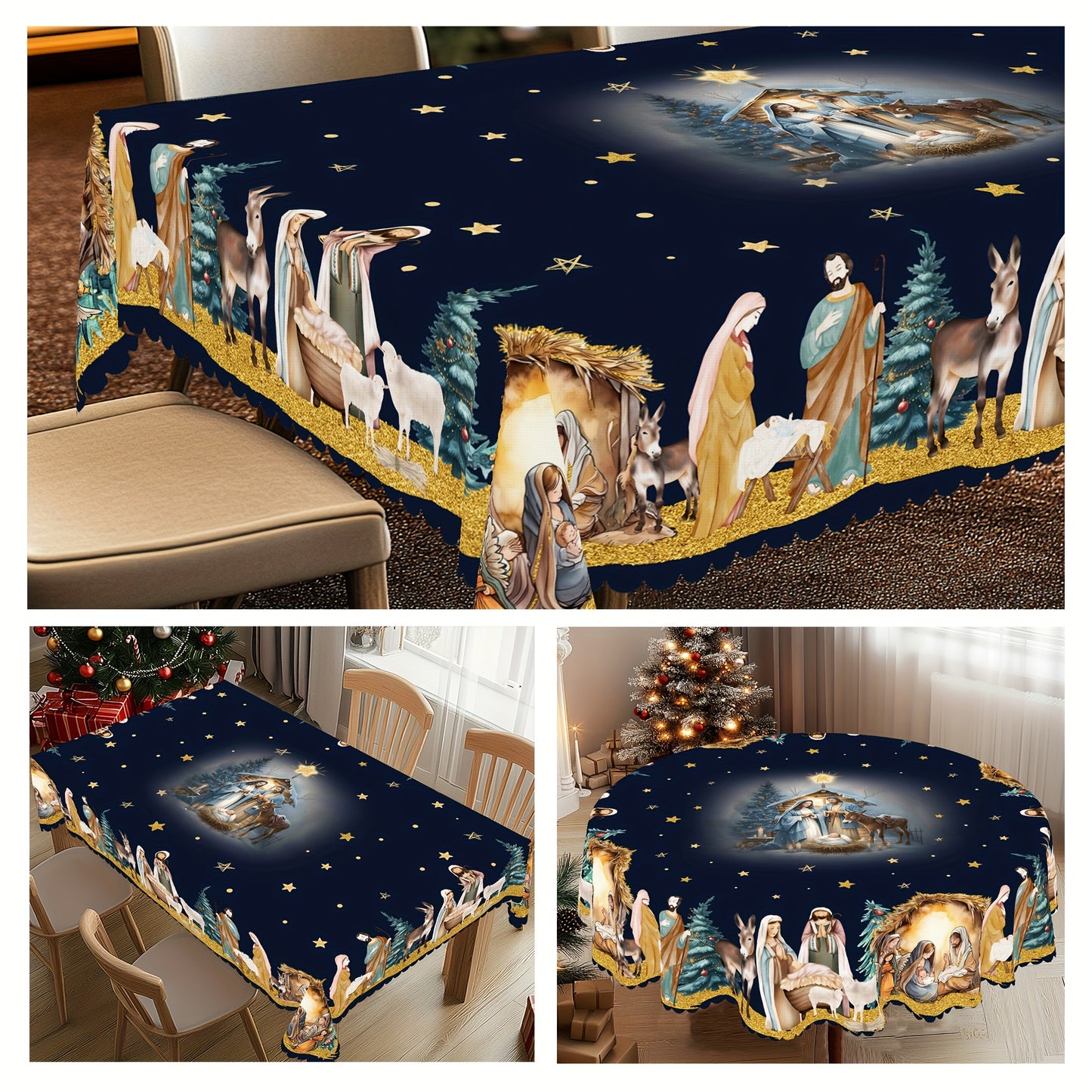 Christmas-Themed Tablecloth with Jesus Birth Scene - Durable Polyester, Embossed Edges, Perfect for Holiday Dining & Décor