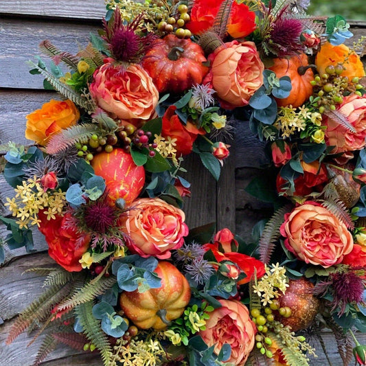 Realistic Fall Peony & Pumpkin Wreath - Perfect for Thanksgiving, Halloween, & Weddings