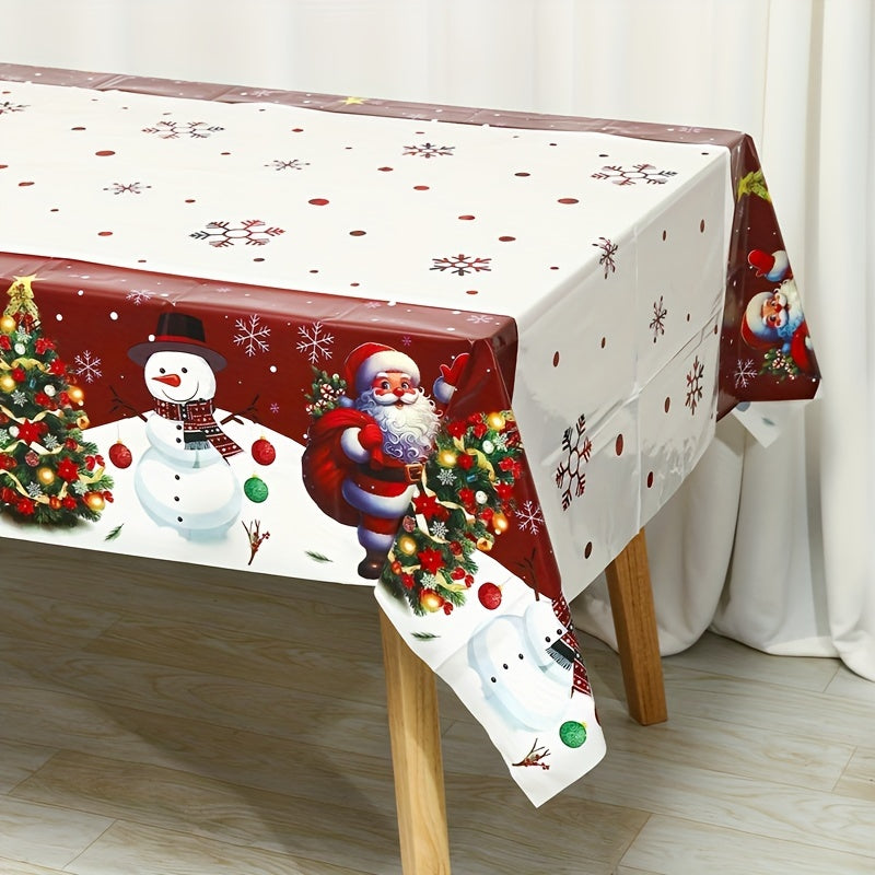 Festive Christmas Tablecloth - Santa, Snowman & Xmas Tree Design, 51x87 Disposable Plastic Cover for Holiday Dining & Décor