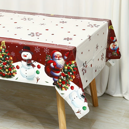 Festive Christmas Tablecloth - Santa, Snowman & Xmas Tree Design, 51x87 Disposable Plastic Cover for Holiday Dining & Décor