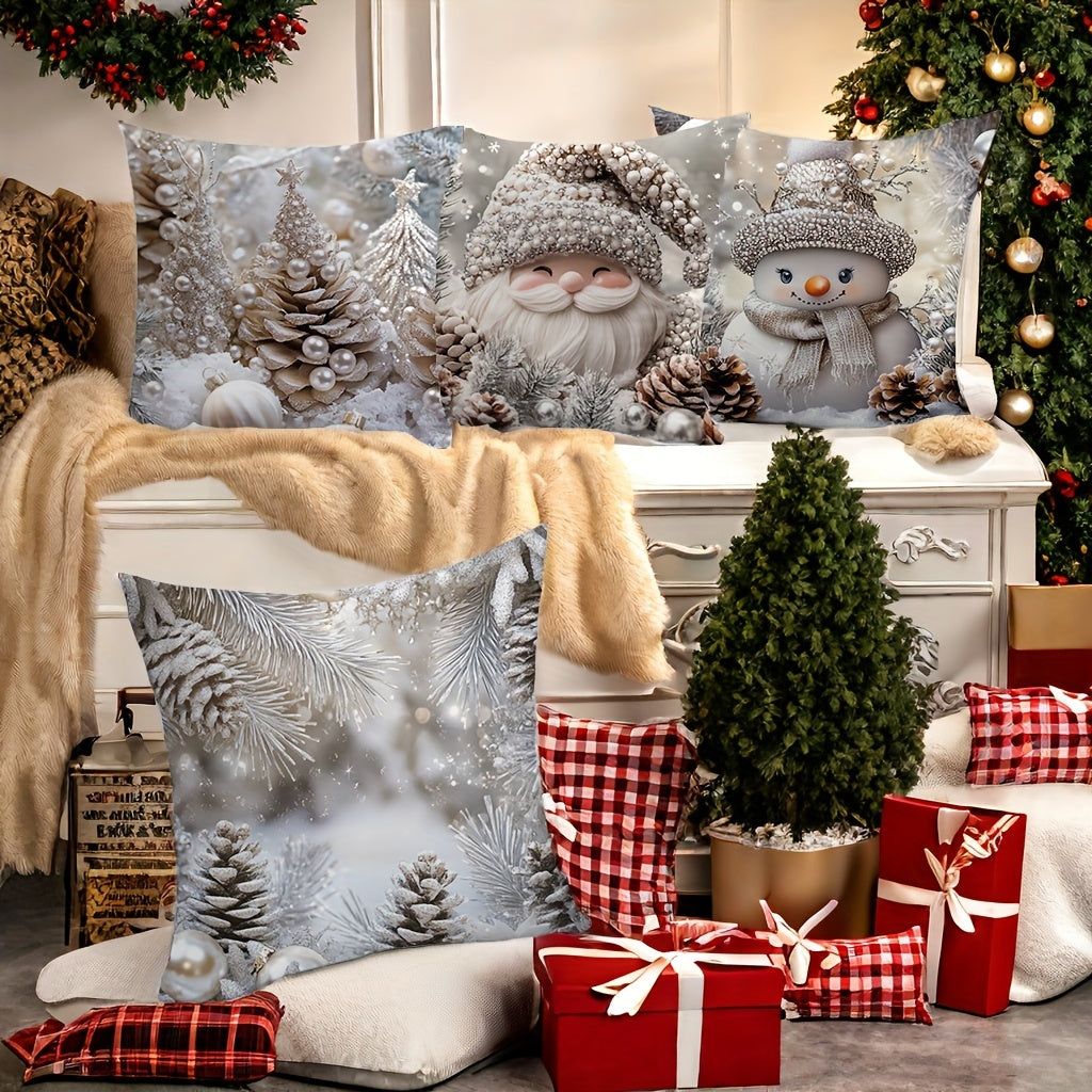 4-Piece Christmas Throw Pillow Covers Set – Santa, Snowman, Pine Cone Print for Festive Living Room & Office Decor