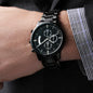 gift Black Chronograph Watch with Buyer customization on wrist showing black metal band and detailed dial