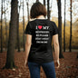 Black I Love My Boyfriend T Shirt with white and red text worn by woman in forest