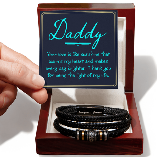 Black braided bracelet love cartier style in a wooden gift box with a handwritten dad love note