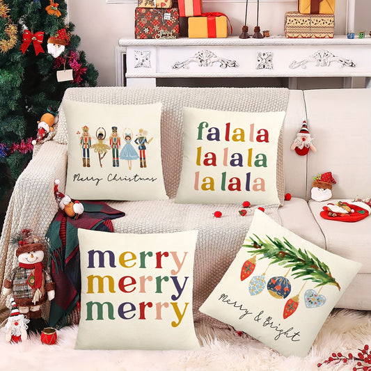 4-Piece Merry Christmas Nutcracker Throw Pillow Covers – Festive Winter Decor for Couch or Sofa