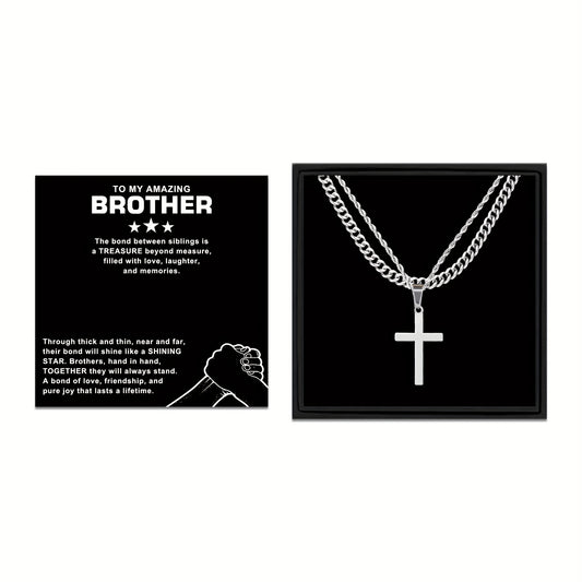 3-Piece 'To My Brother' Handmade Rope & Cross Pendant Necklace Set - Stylish Titanium Steel Gift for Birthdays, Father’s Day, and More