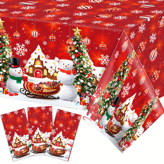 Festive Christmas Party Tablecloth - Red Plastic Table Cover with Snowmen, Trees, and Gifts Design for Holiday Events and Xmas Party Supplies