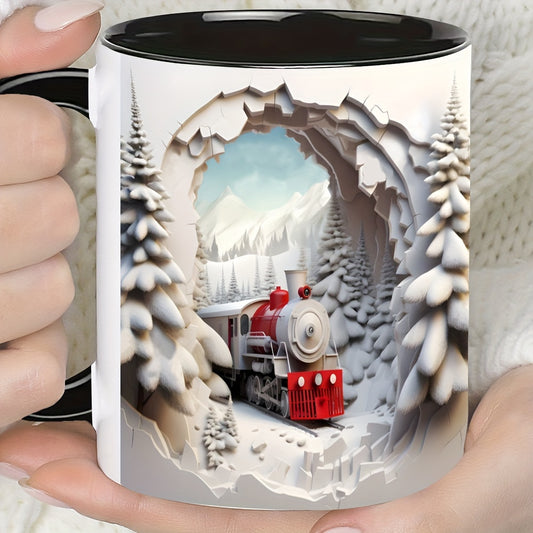 Christmas & Thanksgiving 3D Train Snow Scene Ceramic Coffee Mug, 11oz - Reusable, Machine Washable, Recyclable Material - Ideal for Juice, Milk, Holiday & Birthday Gifts