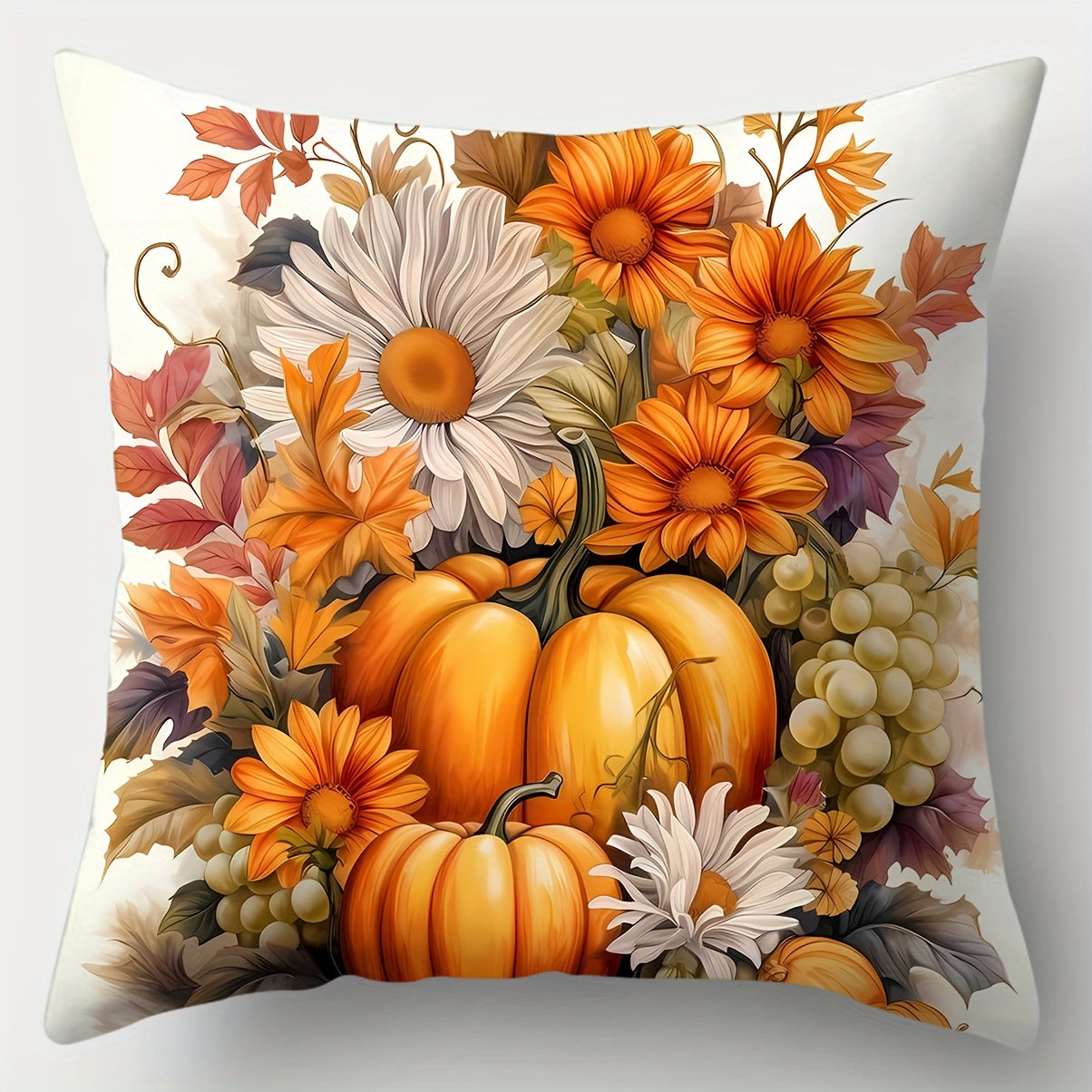 4PCS Autumn Harvest Pumpkin Floral Pillow Covers – Soft Polyester, 18x18" with Zipper Closure