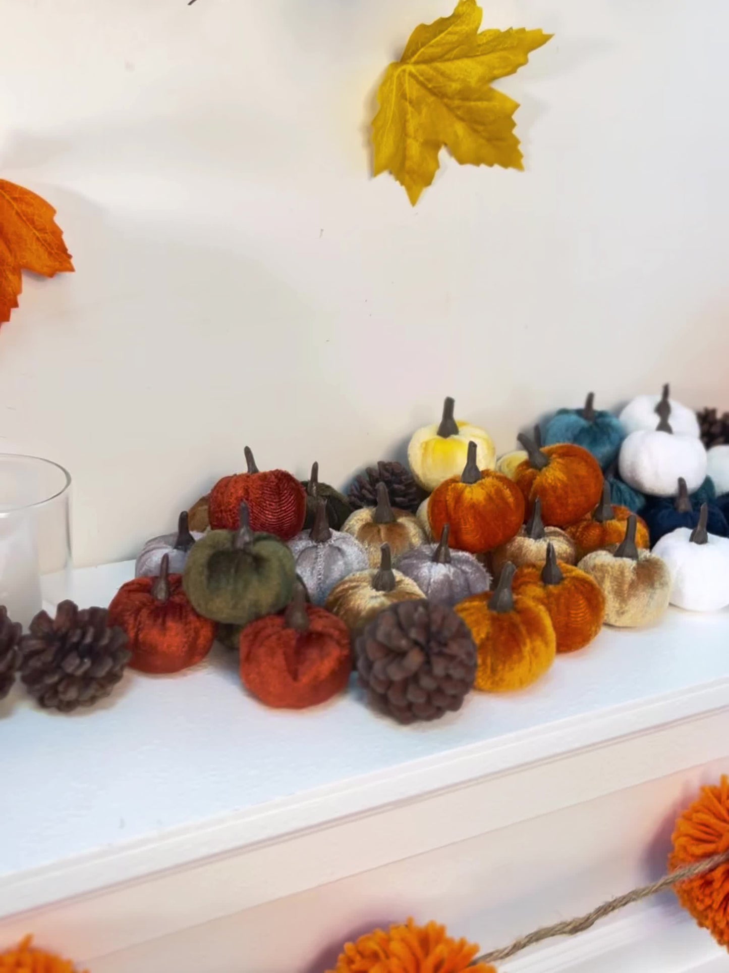 12-Piece Autumn Pumpkin Set with Wooden Containers – Rustic Velvet & Plastic Decor for Fall, Thanksgiving, and Halloween