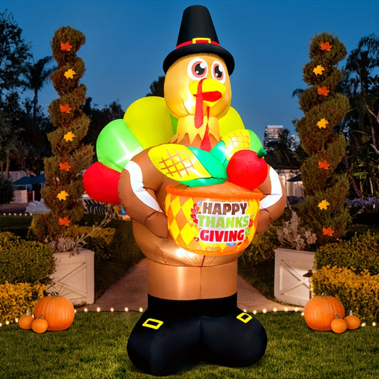 8ft KOOY Inflatable Pilgrim Hat Turkey with LED Lights - Thanksgiving Yard Décor