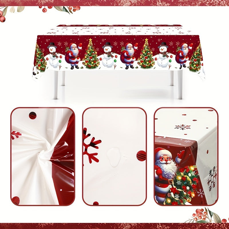 Festive Christmas Tablecloth - Santa, Snowman & Xmas Tree Design, 51x87 Disposable Plastic Cover for Holiday Dining & Décor