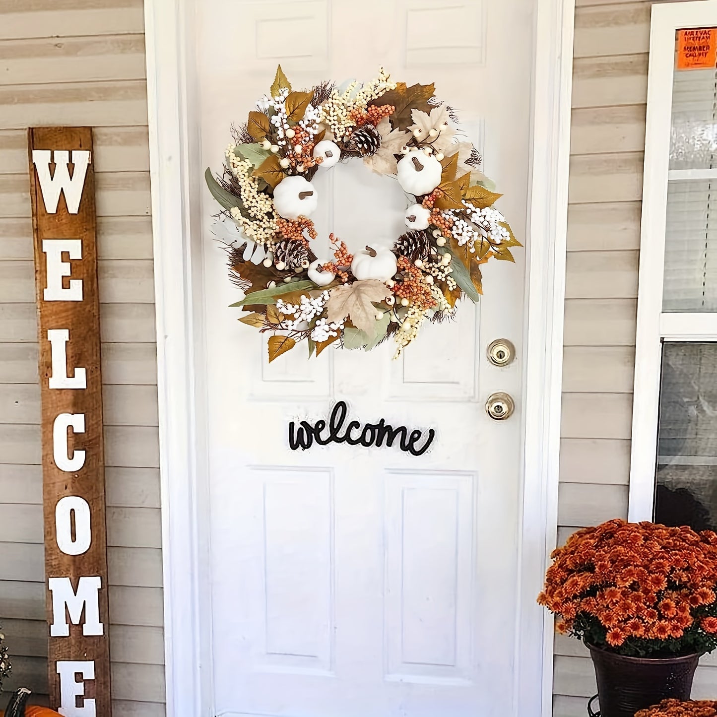 18 Inch Autumn Harvest Wreath with Pumpkins & Maple Leaves - Thanksgiving & Halloween Décor