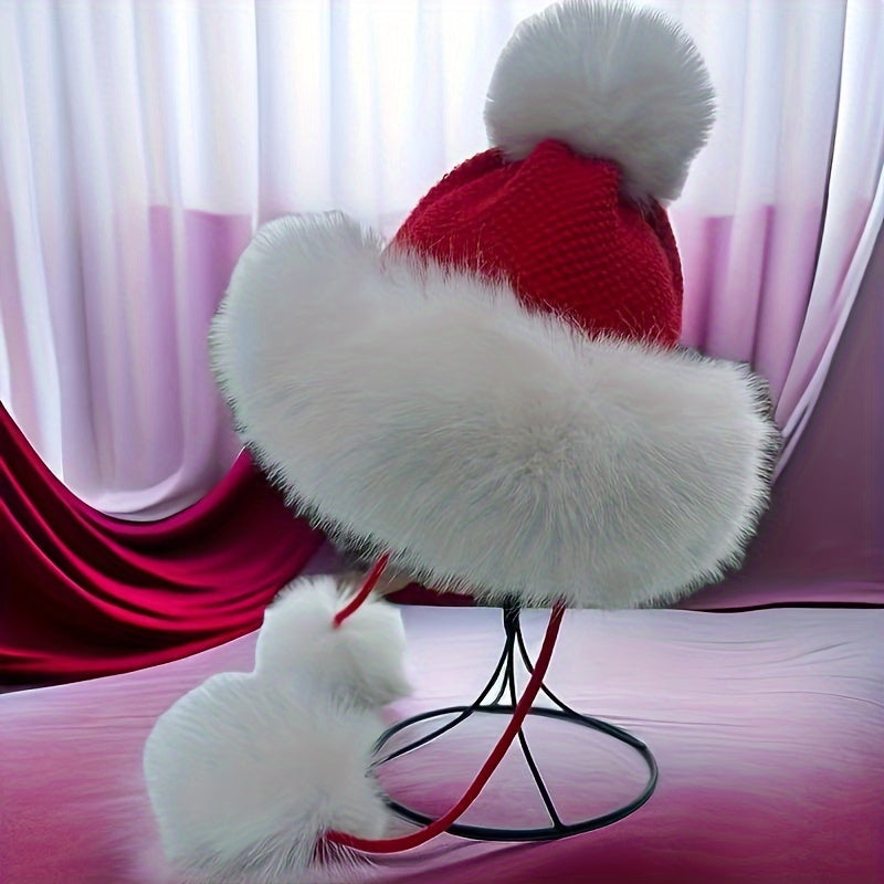 Unisex Fashionable Winter Warm Fuzzy Christmas Hat with Ear Flaps - Cozy Polyester Santa Cap for Christmas, Seasonal Events, and Parties