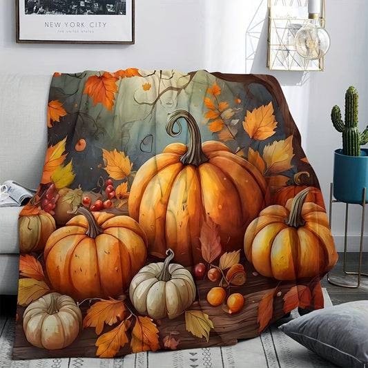 Thanksgiving Pumpkin & Maple Leaf Flannel Blanket – Cozy All-Season Throw for Home & Travel