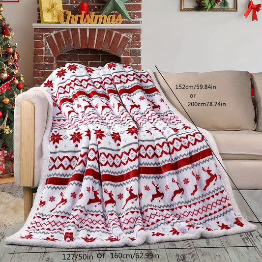 Cozy Christmas Sherpa Blanket – Soft Plush Winter Cabin Throw for Boys and Girls with Reindeer & Snowflake Design