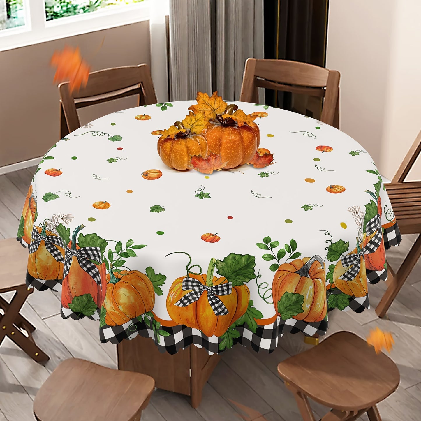 Autumn Harvest Thanksgiving Tablecloth with Buffalo Plaid & Pumpkin Design