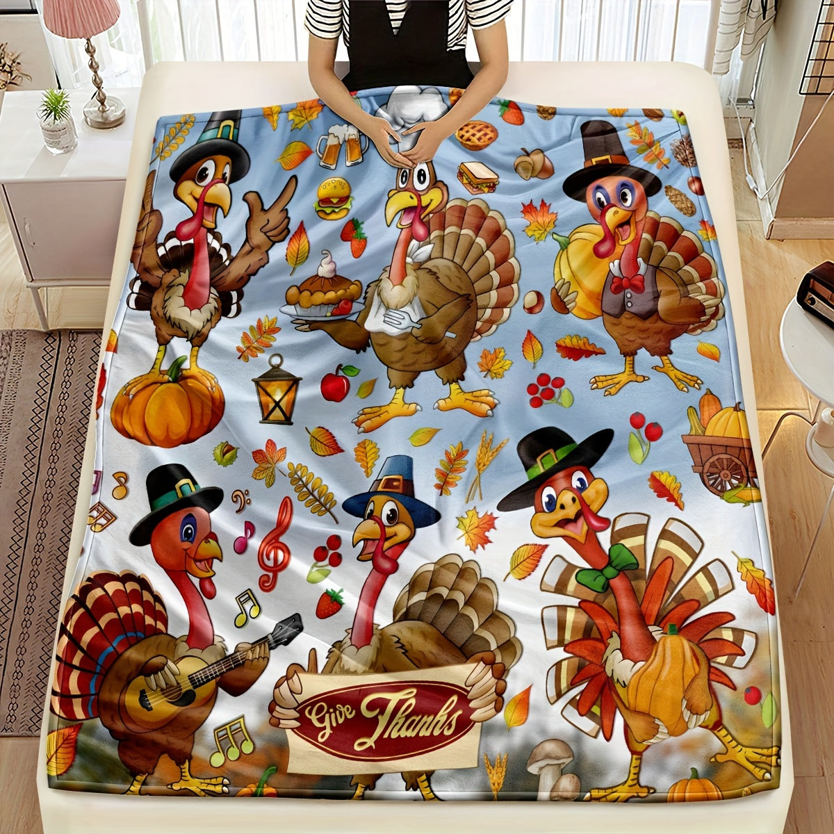 Cozy Thanksgiving Turkey Flannel Blanket – Perfect Fall Throw for Home Decor