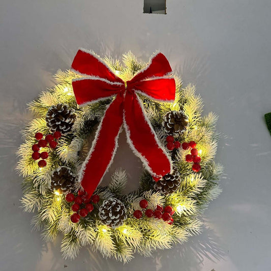 16-Inch LED Christmas Wreath with Pinecones, Red Berries & Bowknot - Perfect Lighted Décor for Winter Holidays