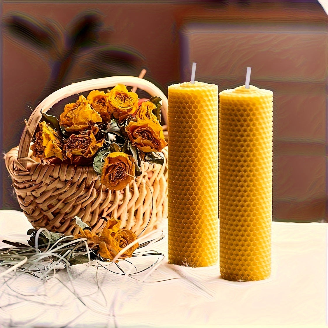 Beeswax Aromatherapy Candles Set of 4 - Hand-Rolled Pillar Candles with Honeycomb Texture, Dried Flowers Embellishment