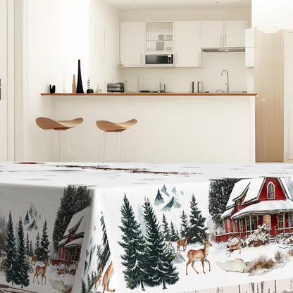 Christmas Cheer Tablecloth - Polyester Snowy Elk & Santa Design with Embossed Edge, Stain & Water Resistant for Holiday Dining, Parties, and Outdoor Picnics