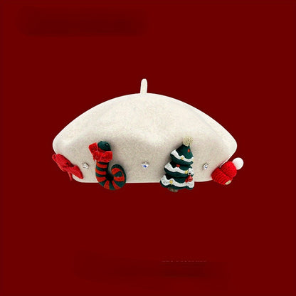 Christmas Red Beret Hat with 3D Christmas Tree Decoration - Festive Holiday Hat and Photo Prop