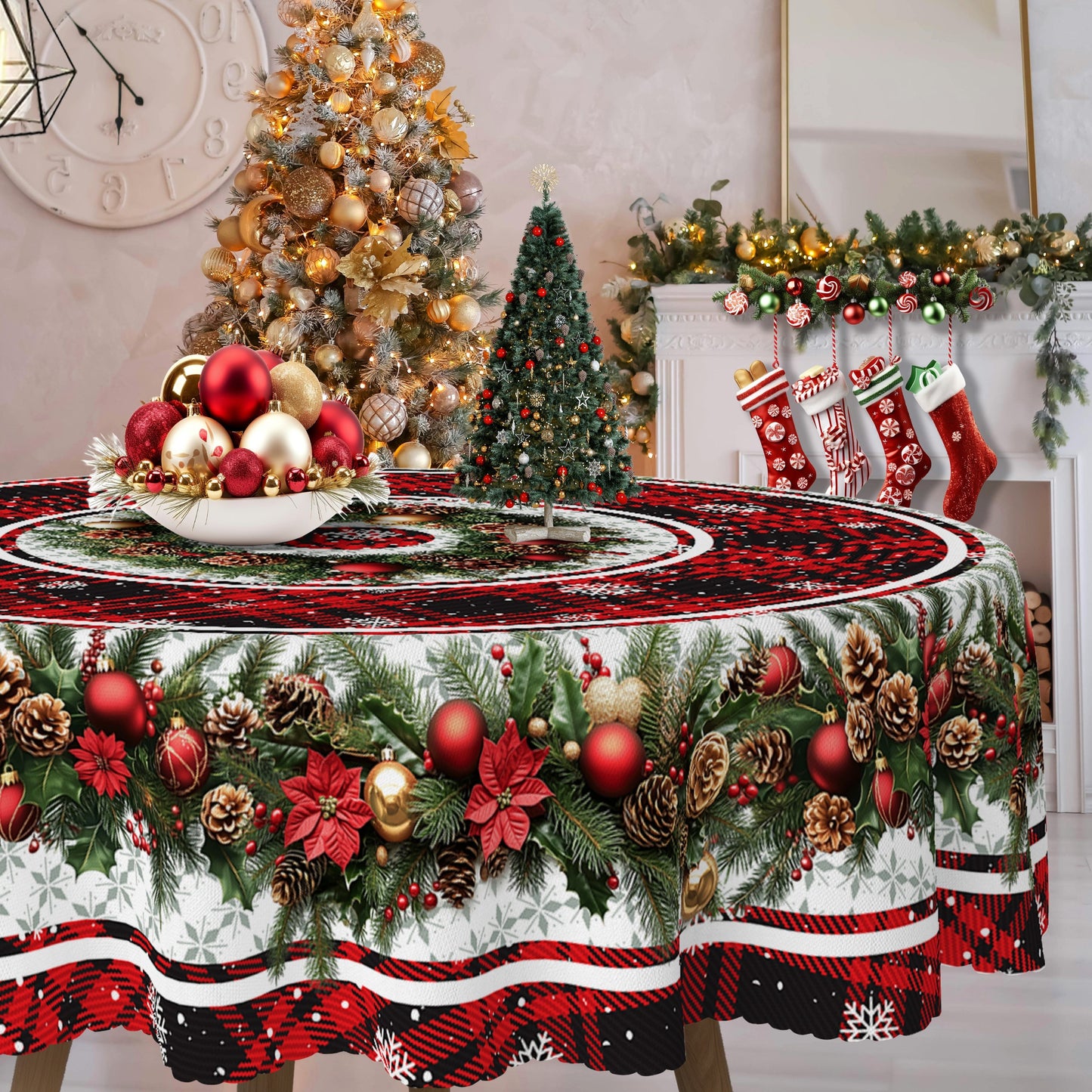 Christmas Festive Tablecloth with Snowflake & Pine Cone Design - Waterproof and Stain-Resistant Polyester, Perfect for Holiday Dining and Outdoor Picnics