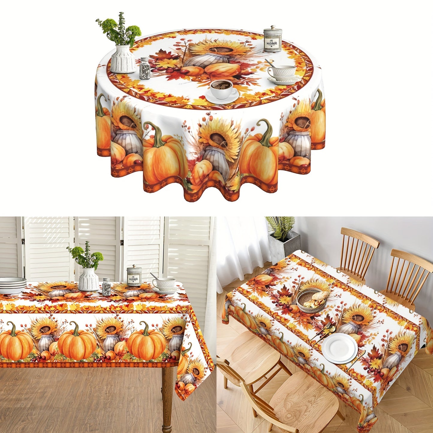 Fall Harvest Maple Leaf & Pumpkin Tablecloth – Farmhouse Thanksgiving Design